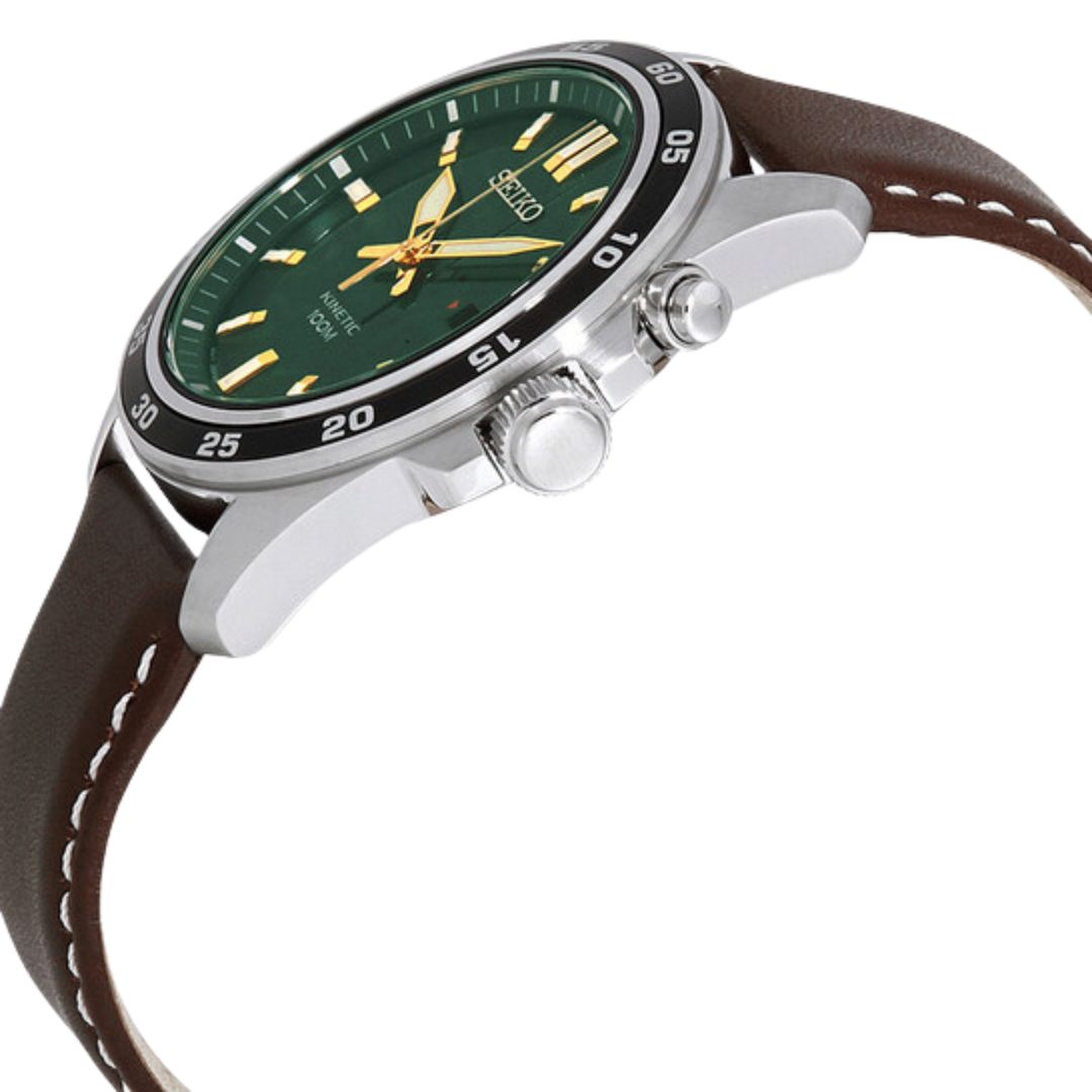 Seiko  Kinetic Green Dial Brown Leather Men's Watch