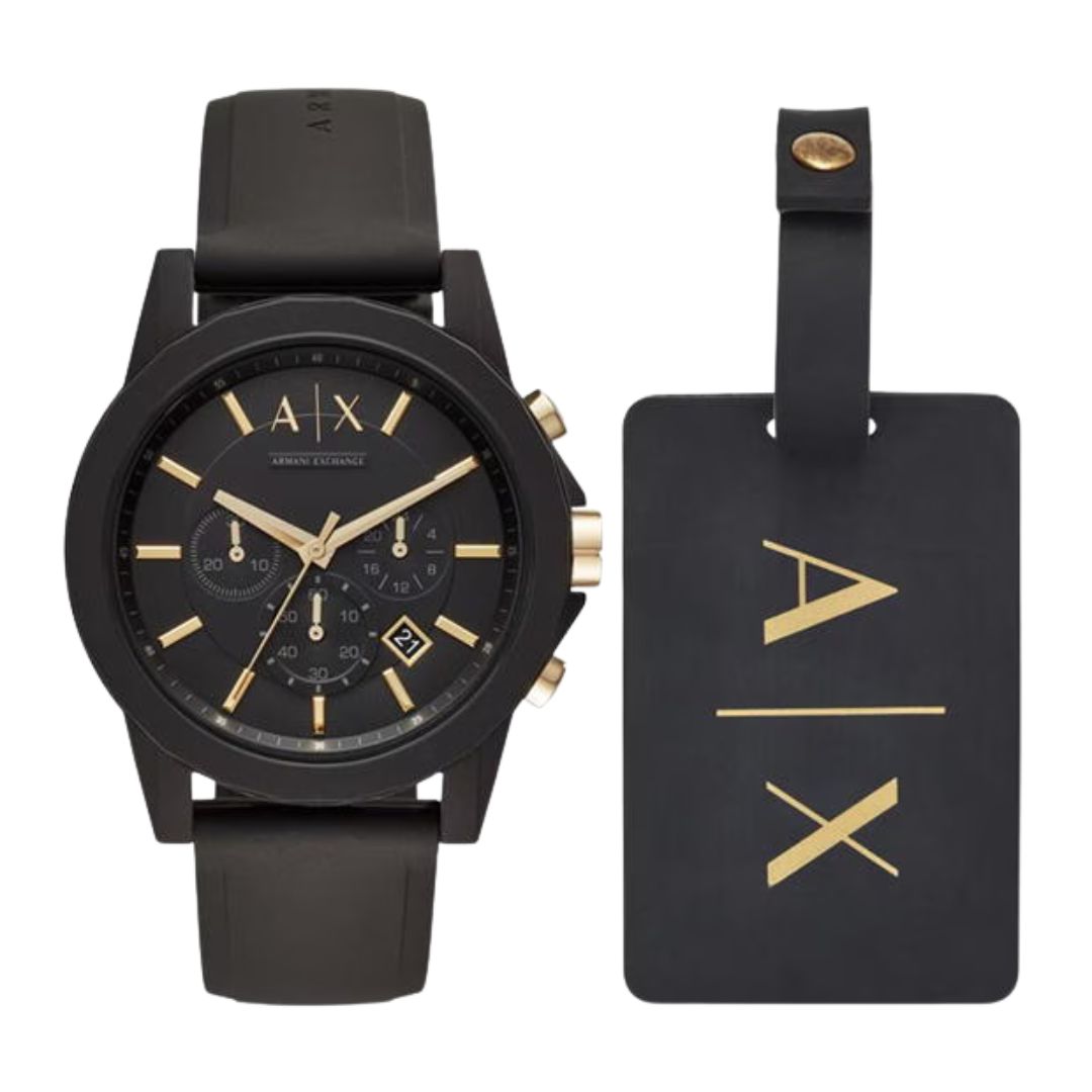 Armani Exchange Chronograph Black Silicone Watch and Luggage Tag Gift Set AX7105