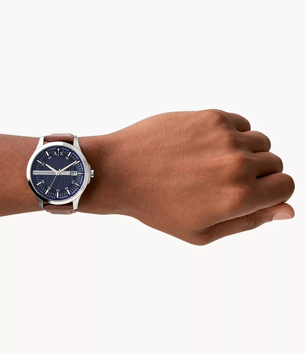 Armani Exchange Three-Hand Date Brown Leather Watch